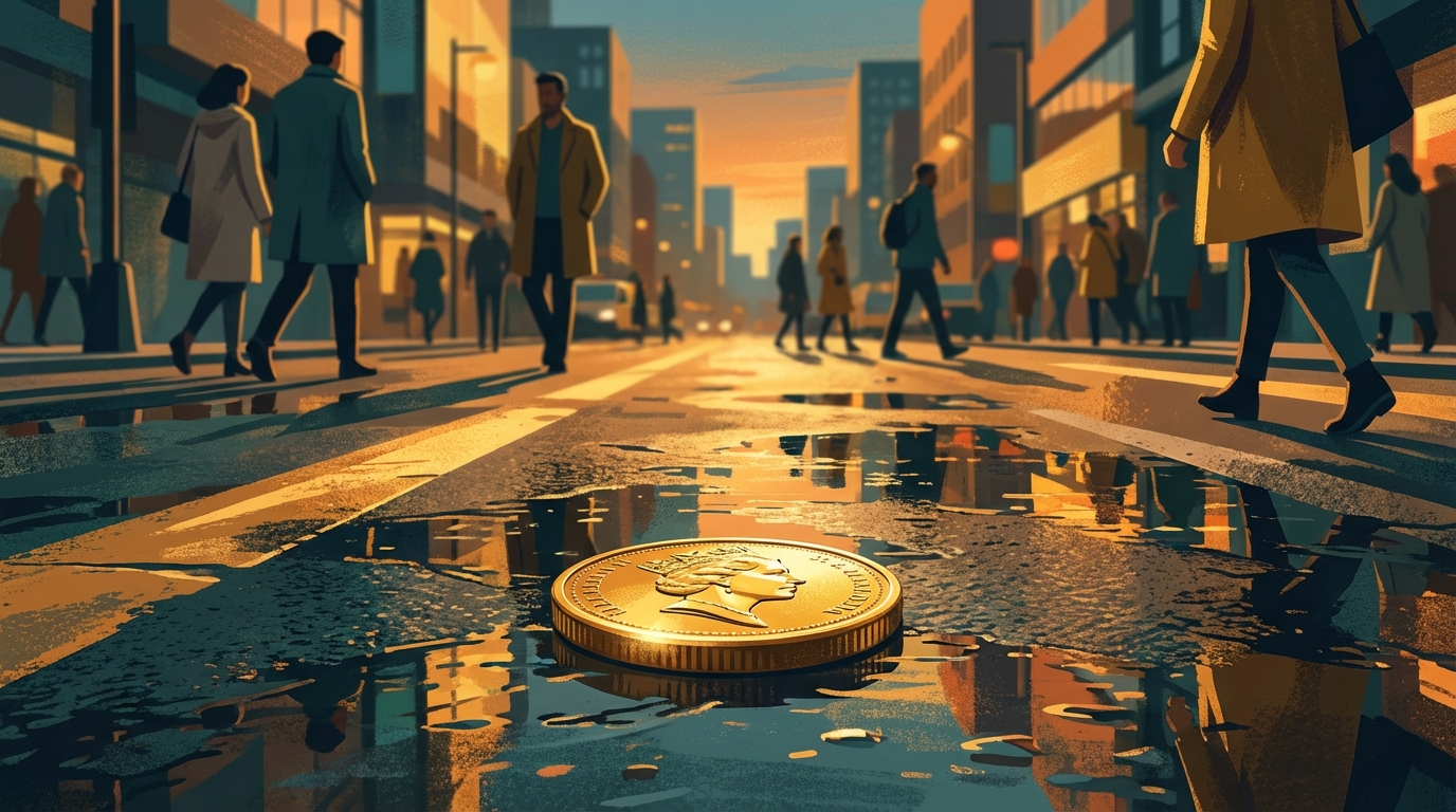 Monedă cu cap în sus pe asfalt ud, soare reflectând pe suprafață