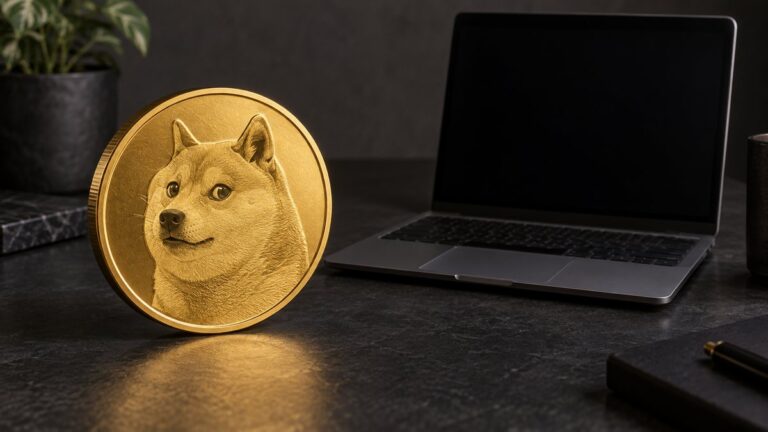 Un token Dogecoin auriu cu portret Shiba Inu, lângă un laptop cu ecran gol.
