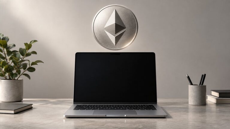 Un token Ethereum cu simbolul diamantului fațetat, lângă un computer cu ecran gol.