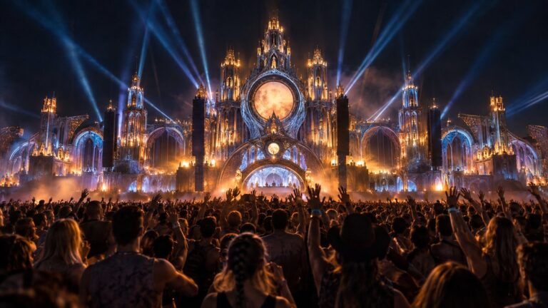 Scenă amplă de festival de muzică electronică luminează publicul noaptea.