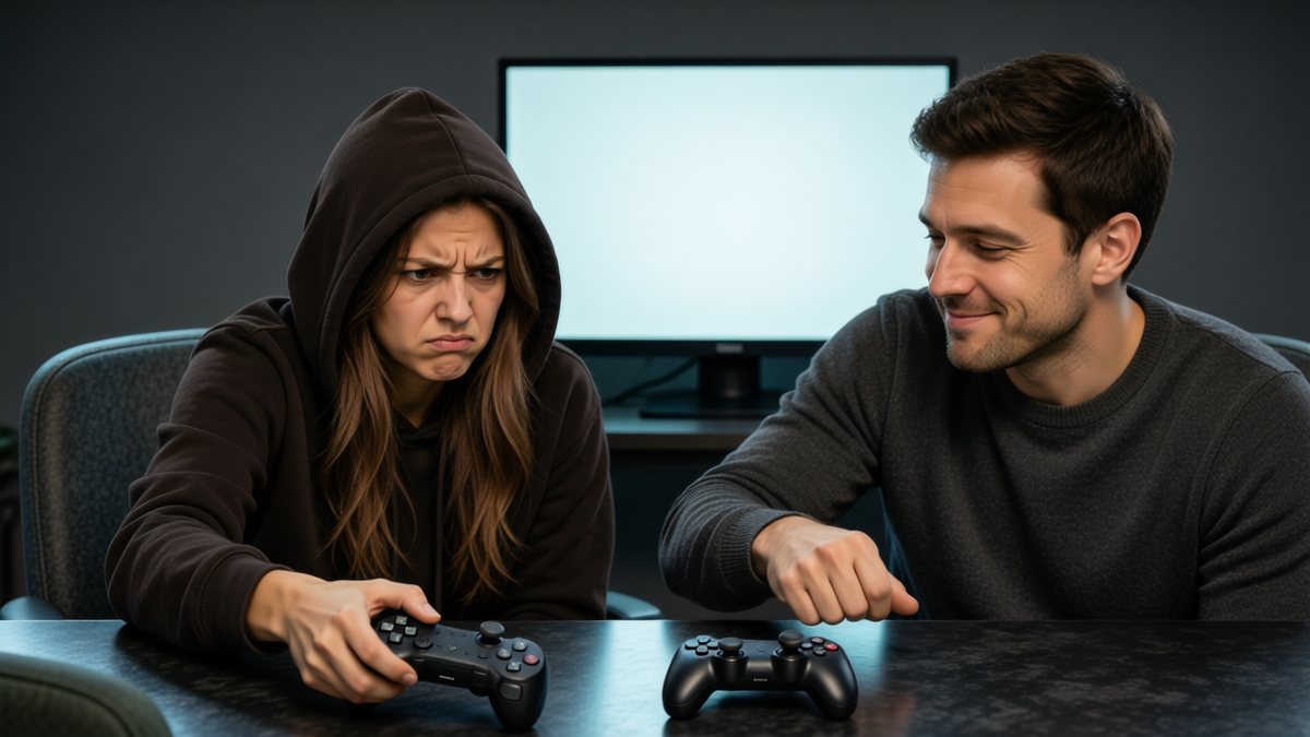 O jucătoare frustrată ține un controller, în timp ce bărbatul de lângă ea zâmbește.