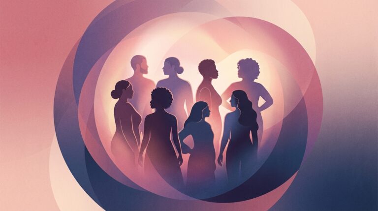 Ilustrație abstractă cu culorile steagului bisexualității — roz, violet și albastru — reprezentând diversitatea identităților