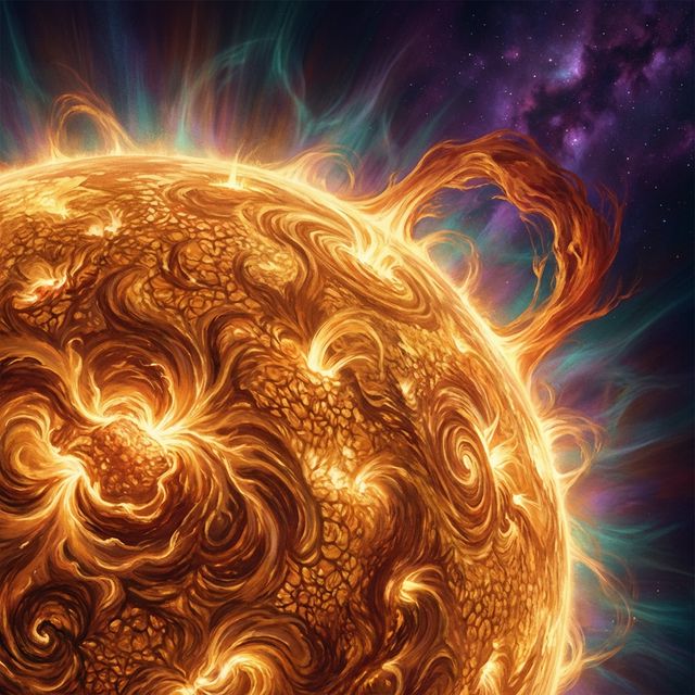Ilustrație artistică spectaculoasă cu suprafața Soarelui, erupții solare și coroana strălucitoare în spațiu