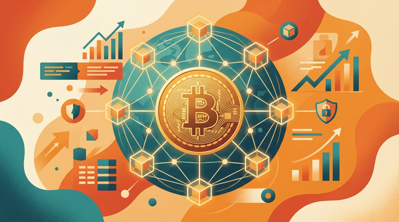 Ilustrație editorială despre ce inseamna Bitcoin și rețeaua blockchain