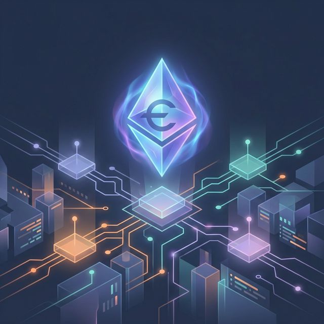 Ilustrație Ethereum cu logo diamant și rețea blockchain descentralizată