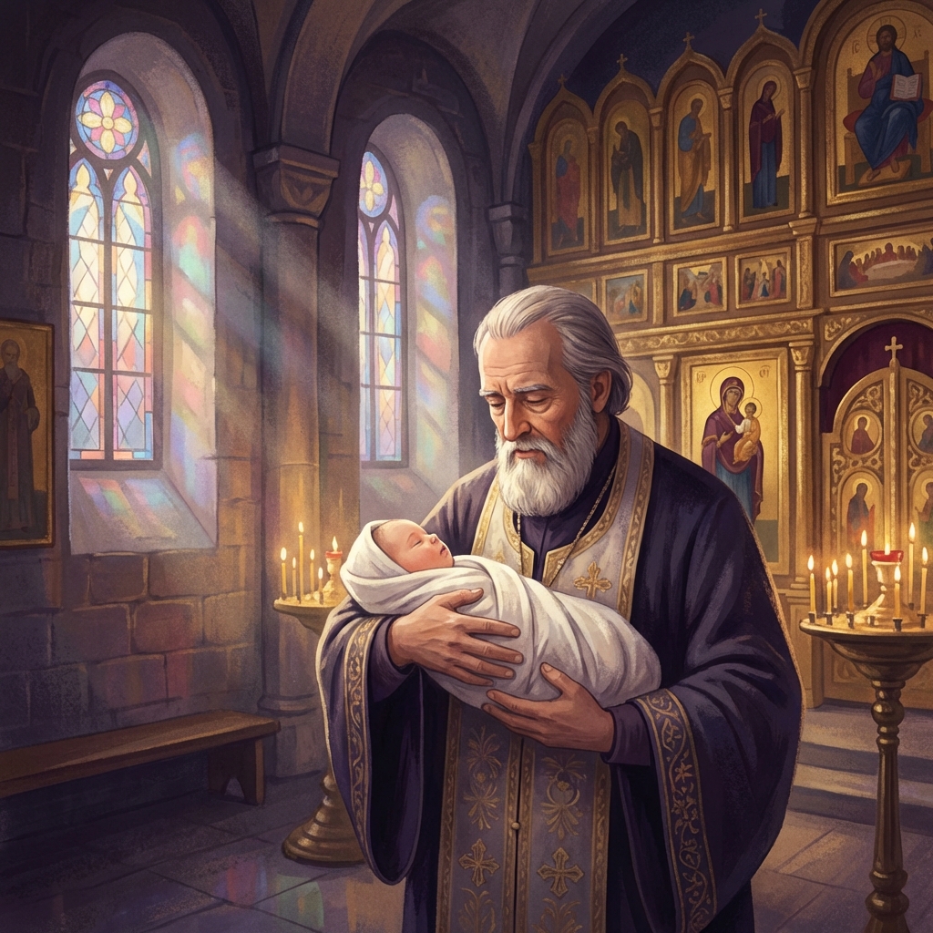 Întâmpinarea Domnului - ilustrație ortodoxă cu dreptul Simeon și Pruncul Iisus în Templu