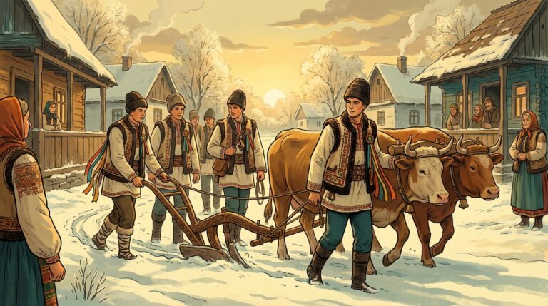 Tineri trasând plug decorat cu ștergare colorate, boi în zăpadă, dimineață de Anul Nou