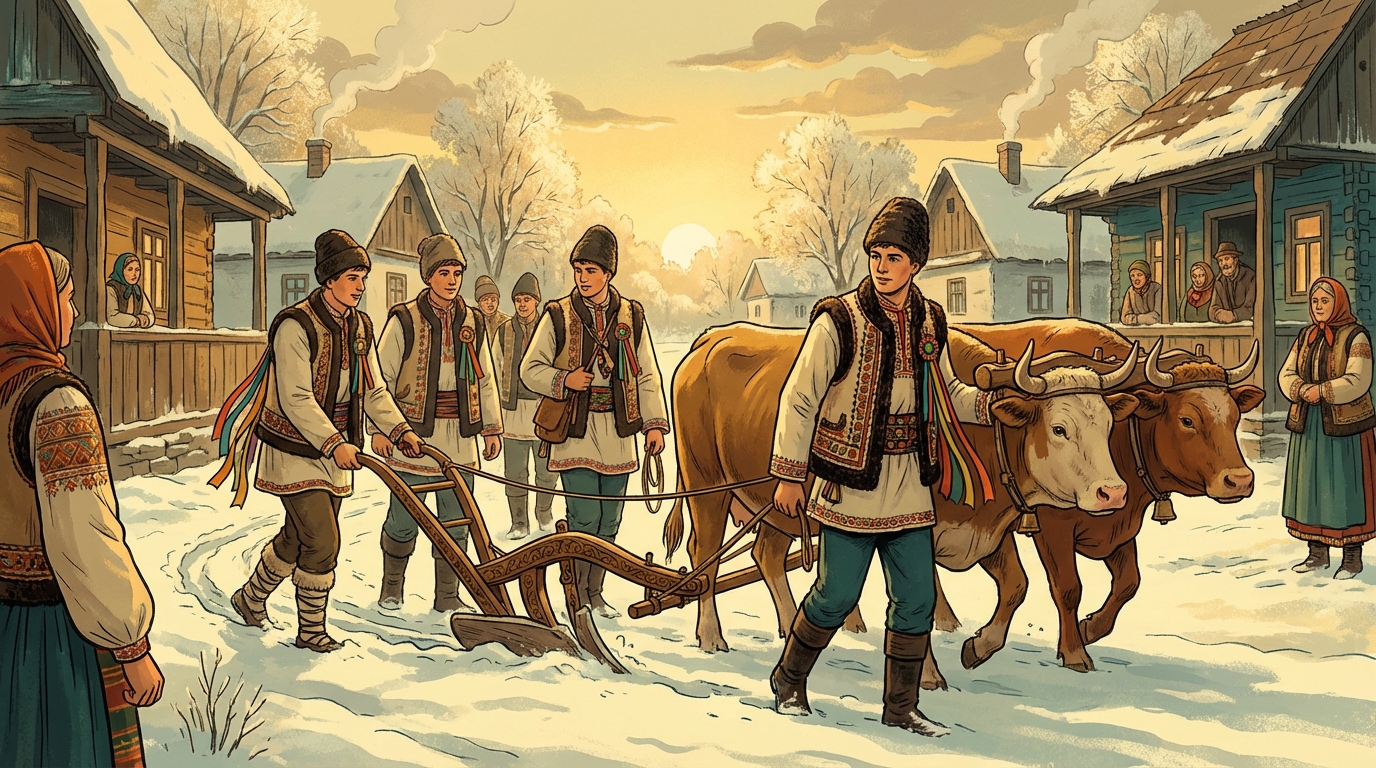 Tineri trasând plug decorat cu ștergare colorate, boi în zăpadă, dimineață de Anul Nou