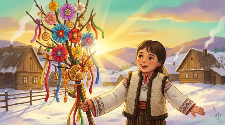 Copil cu sorcova decorată în dimineața de 1 ianuarie, ramură plină de flori și rândunele în zăpadă