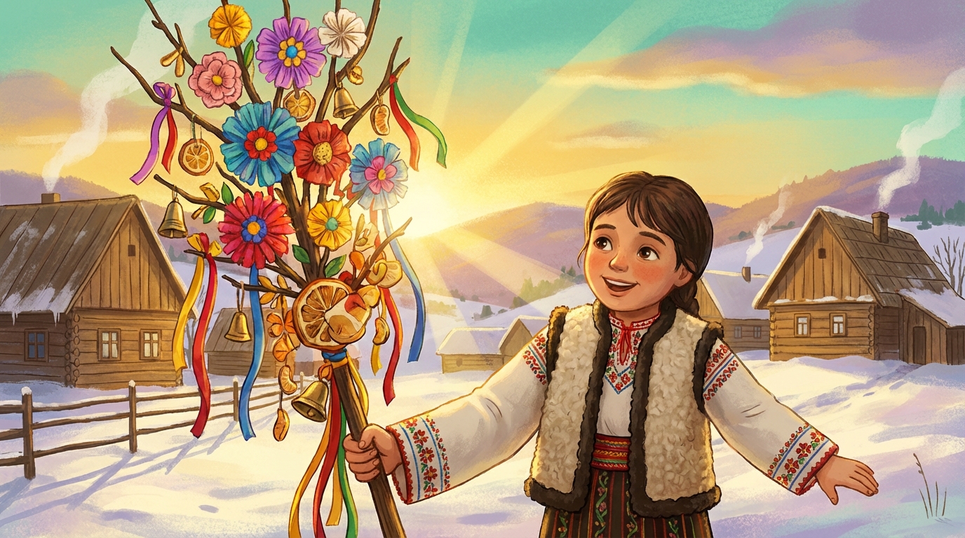 Copil cu sorcova decorată în dimineața de 1 ianuarie, ramură plină de flori și rândunele în zăpadă