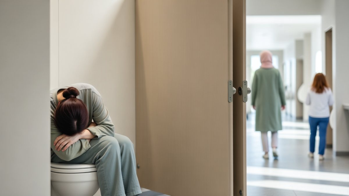 Un adult îmbrăcat stă jenat într-o cabină de toaletă publică, într-un vis.