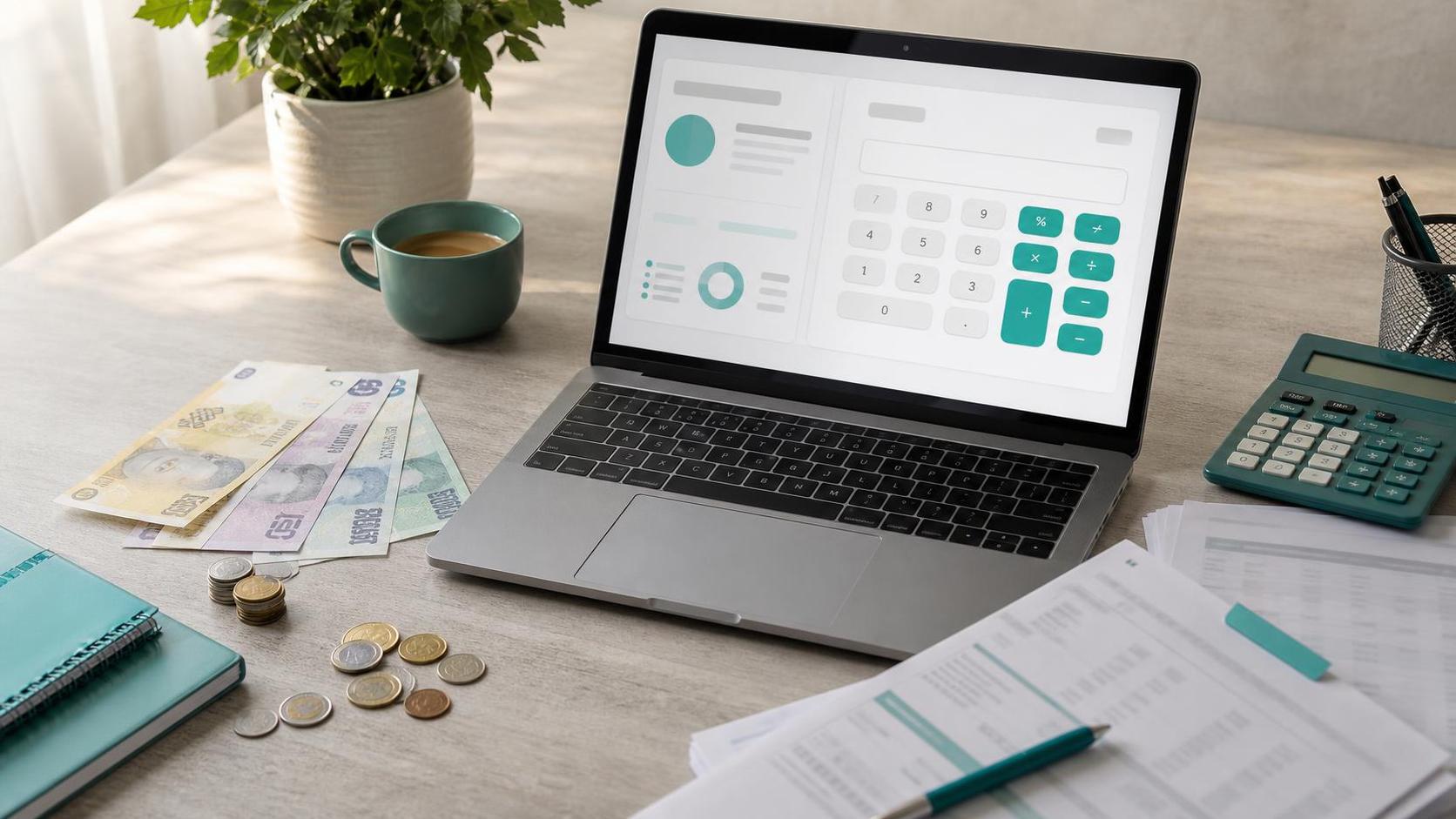Laptop cu un calculator salarial, bancnote și documente pe un birou