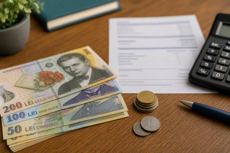 Bancnote și monede de lei pe un birou de lemn lângă un calculator - salariu minim 2026