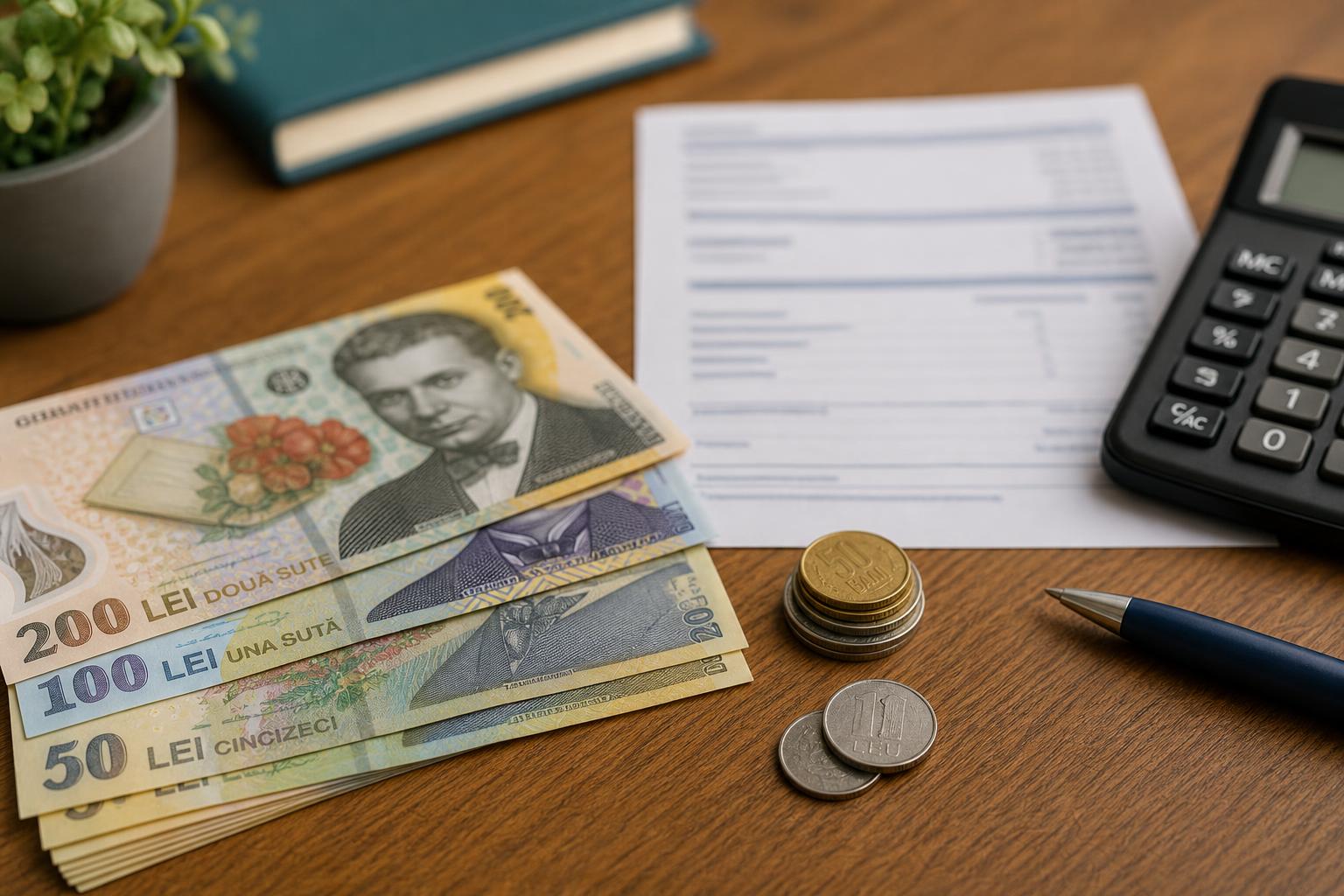 Bancnote și monede de lei pe un birou de lemn lângă un calculator - salariu minim 2026