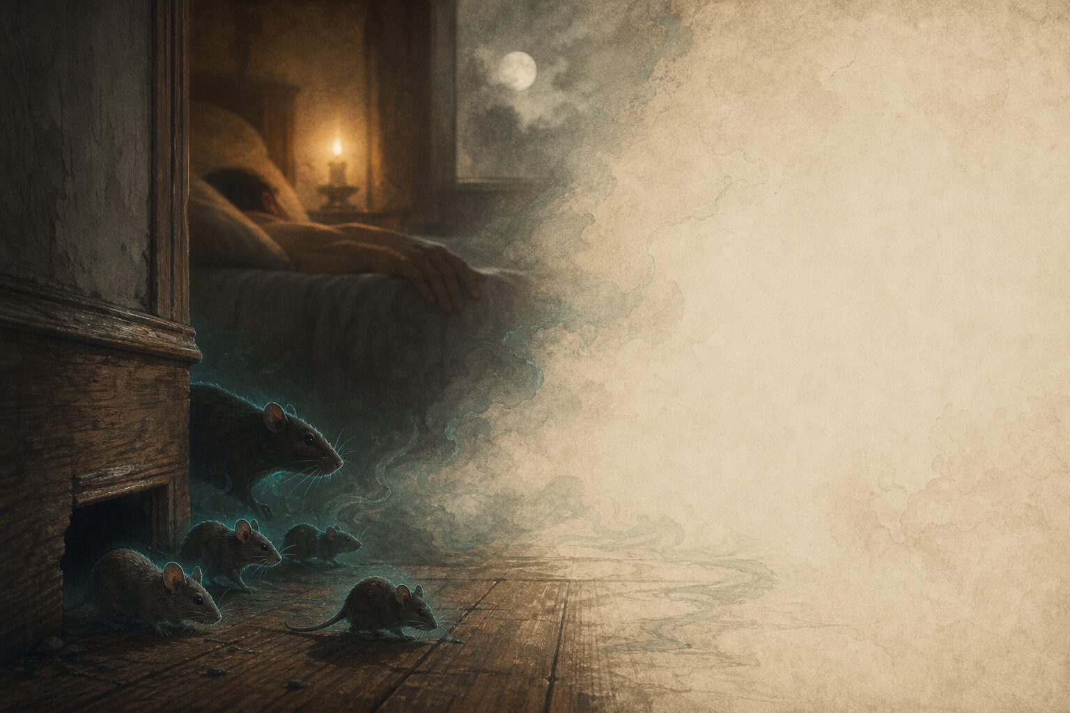 Ilustratie editoriala: intr-o camera calda la apus, umbrele unor soareci si ale unui sobolan ies de sub parchet, conturate usor in teal, ca ganduri care urca din inconstient; in fundal, mana unui om care doarme.