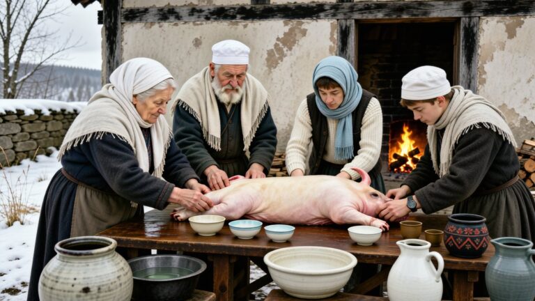 O familie pregătește în curte masa tradițională de Ignat, lângă porcul sacrificat.