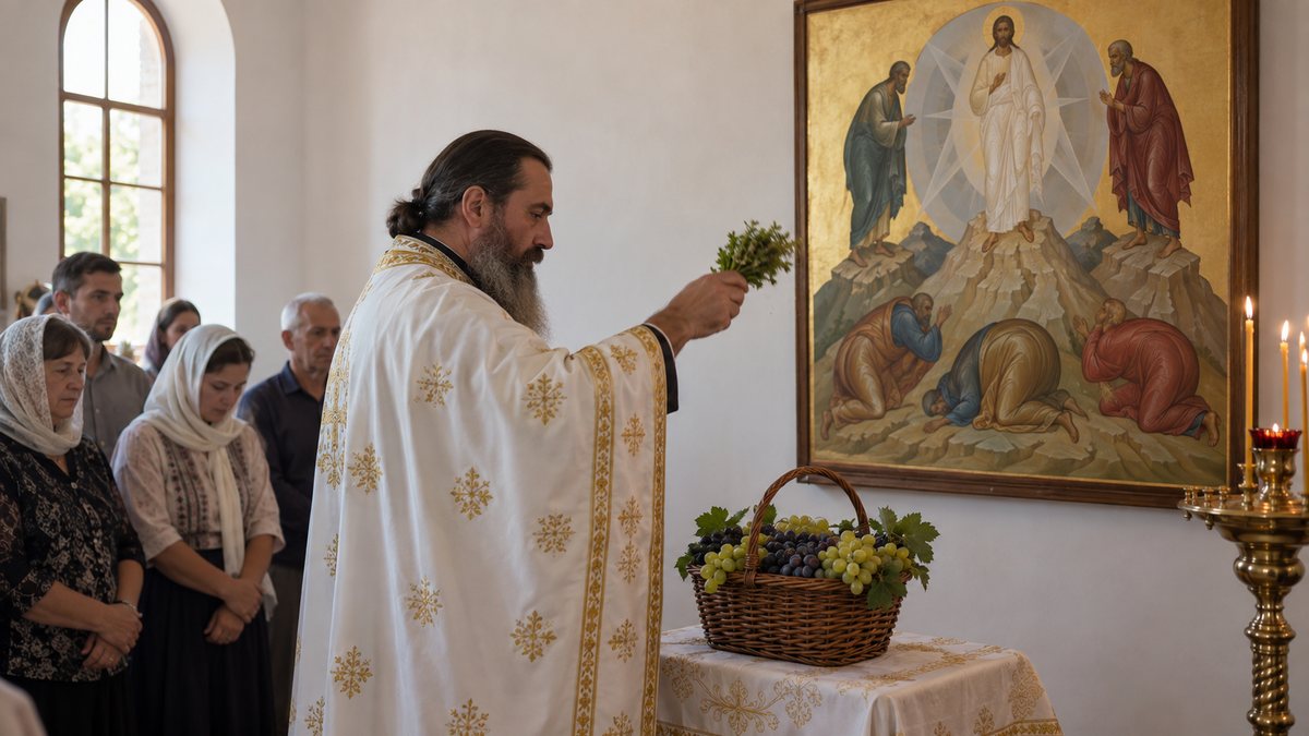 Un preot binecuvântează un coș cu struguri într-o biserică ortodoxă.