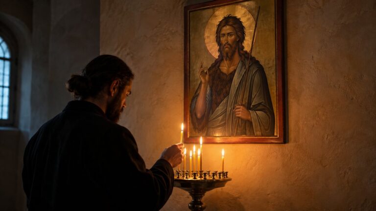 O lumânare arde sub icoana Sfântului Ioan Botezătorul într-o biserică.