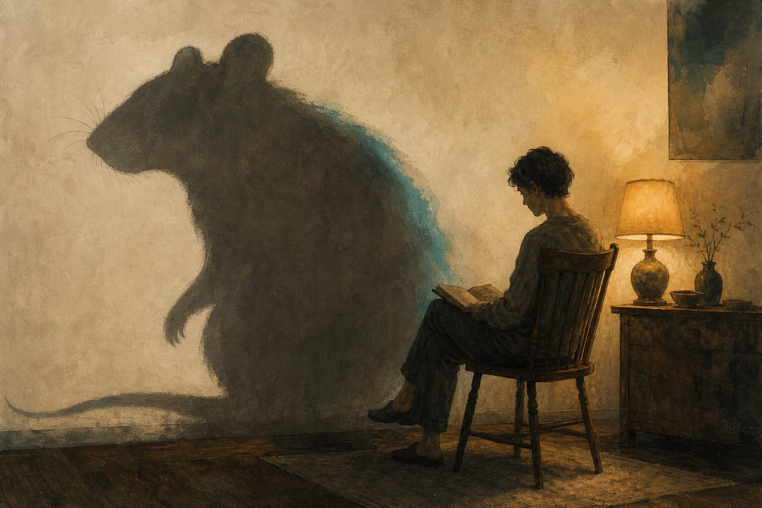 Ilustratie editoriala: o figura calma asezata pe un scaun de lemn, iar umbra proiectata pe perete ia forma unui sobolan mare, simbolizand umbra jungiana pe care o porti inconstient.