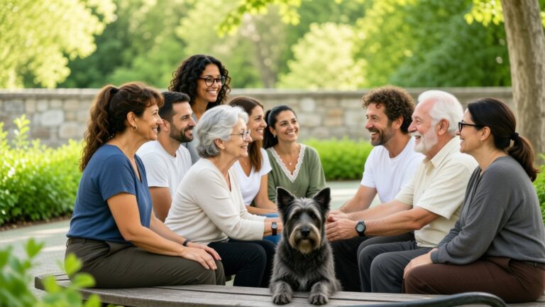 Adulți diverși și un câine participă la o întâlnire într-un parc urban.