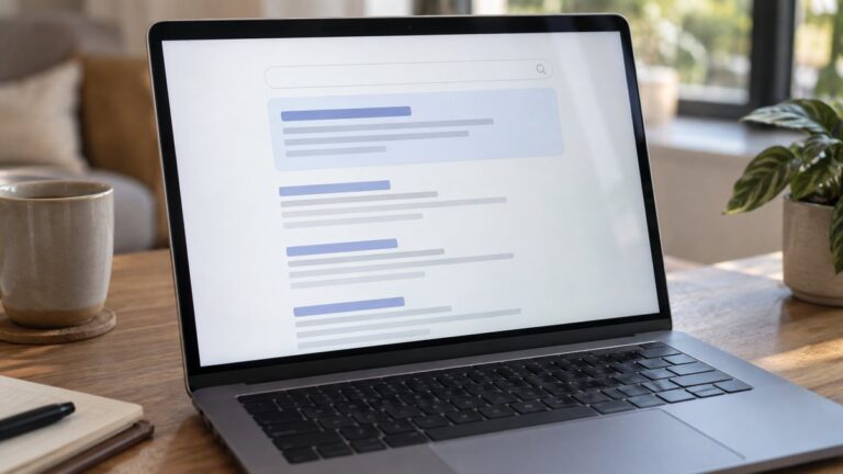 Un laptop afișează un panou de rezumat deasupra unor rezultate de căutare fără text.