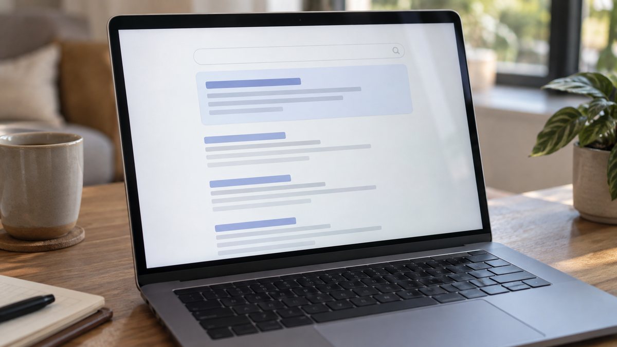 Un laptop afișează un panou de rezumat deasupra unor rezultate de căutare fără text.