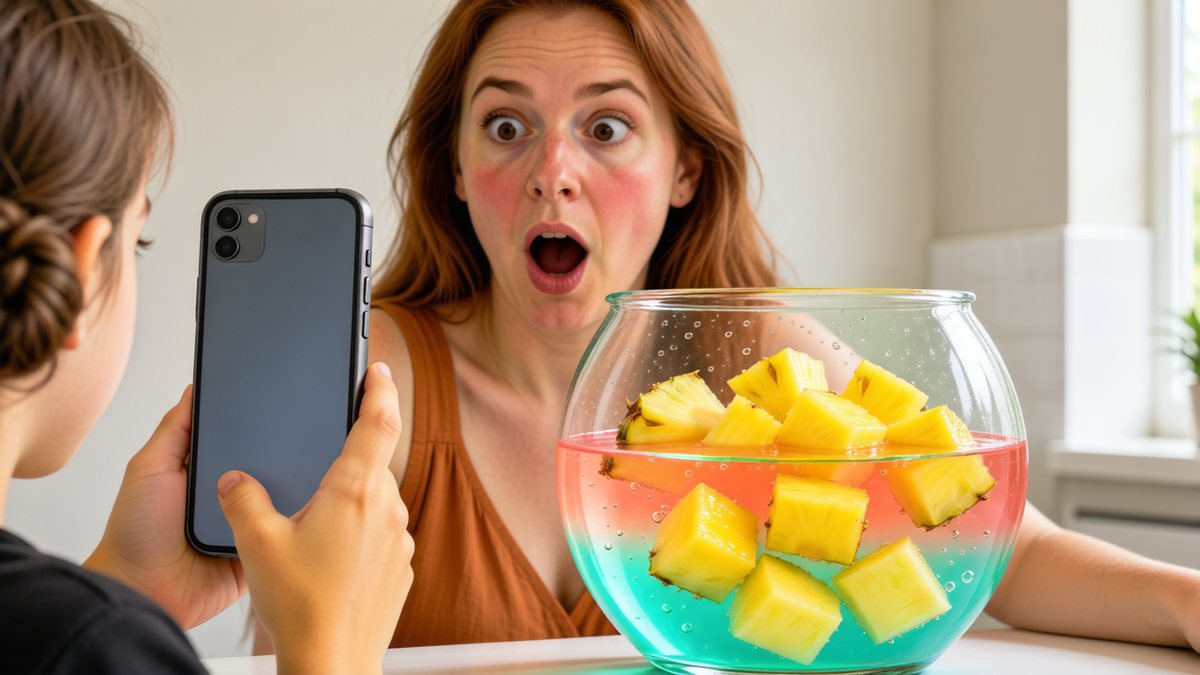 Bucăți de ananas stau într-un bol cu băutură colorată, lângă o reacție surprinsă.