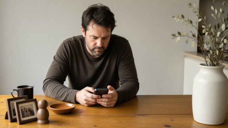 Un adult îngândurat stă la o masă din lemn și privește telefonul pe care îl ține în mâini.