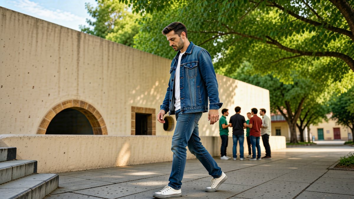 Un bărbat adult merge singur printr-o curte, în timp ce un grup de oameni discută în fundal.