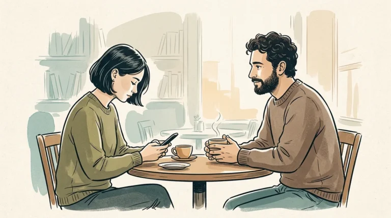 Ilustrație: o persoană privește telefonul la masa unei cafenele, în timp ce interlocutorul așteaptă.