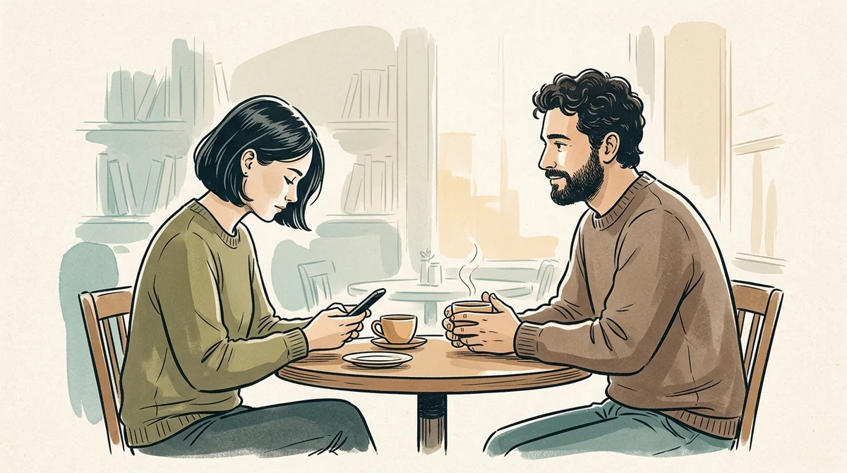 Ilustrație: o persoană privește telefonul la masa unei cafenele, în timp ce interlocutorul așteaptă.