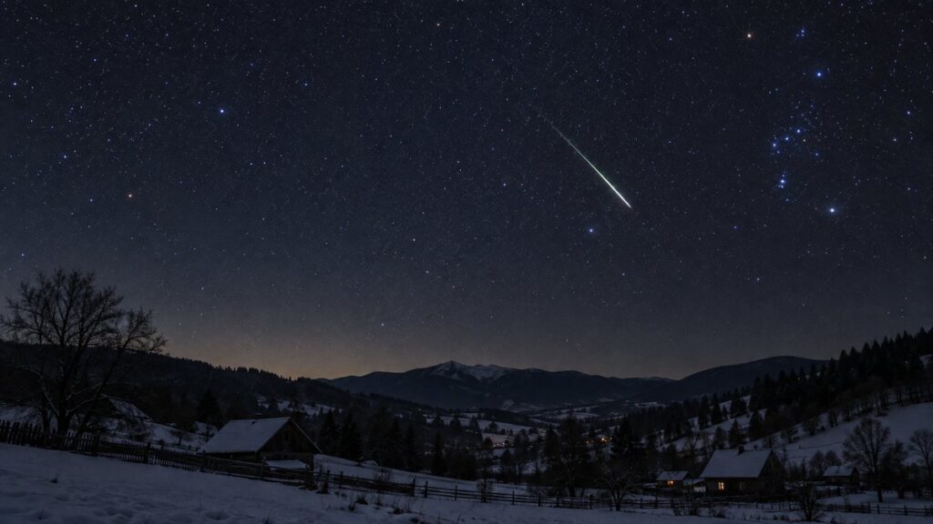 Meteor traversând un cer nocturn cu stele