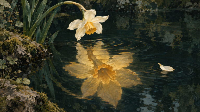Narcisă albă aplecată peste un iaz; reflexia aurie apare mai mare decât floarea