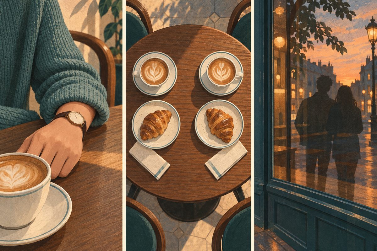 Ilustrație cu trei tipare vizuale tipice de soft launch: o mână cu ceas pe masa unei cafenele, două cafele identice văzute de sus și silueta unui cuplu reflectată în vitrina unui magazin