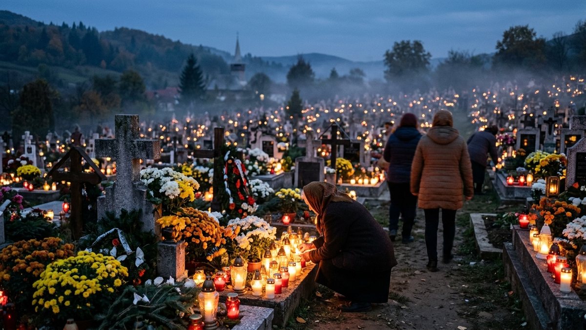 Lumânări aprinse între morminte într-o seară de toamnă