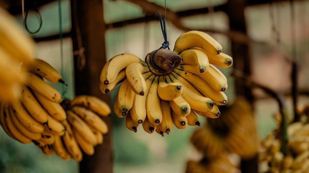 Un ciorchine de banane galbene coapte este agățat la vânzare într-o piață.