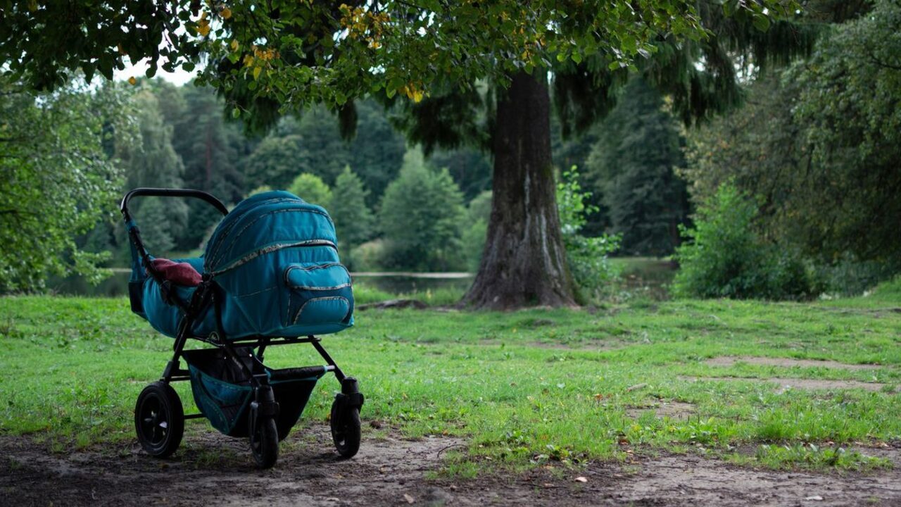 Un cărucior albastru de bebeluș stă singur pe o pajiște verde dintr-un parc.