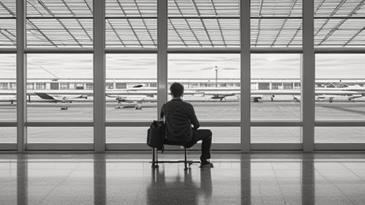 O persoană văzută din spate stă pe o bancă într-un terminal de aeroport și privește prin ferestrele mari spre avioanele de pe pistă, având o geantă de călătorie alături.
