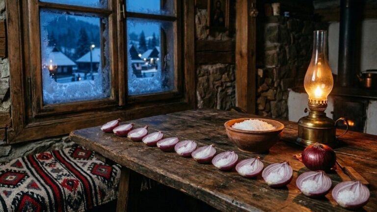 Douăsprezece foi de ceapă roșie cu câte un pic de sare, așezate în șir pe o masă de lemn, lângă o fereastră înghețată și o lampă cu gaz.