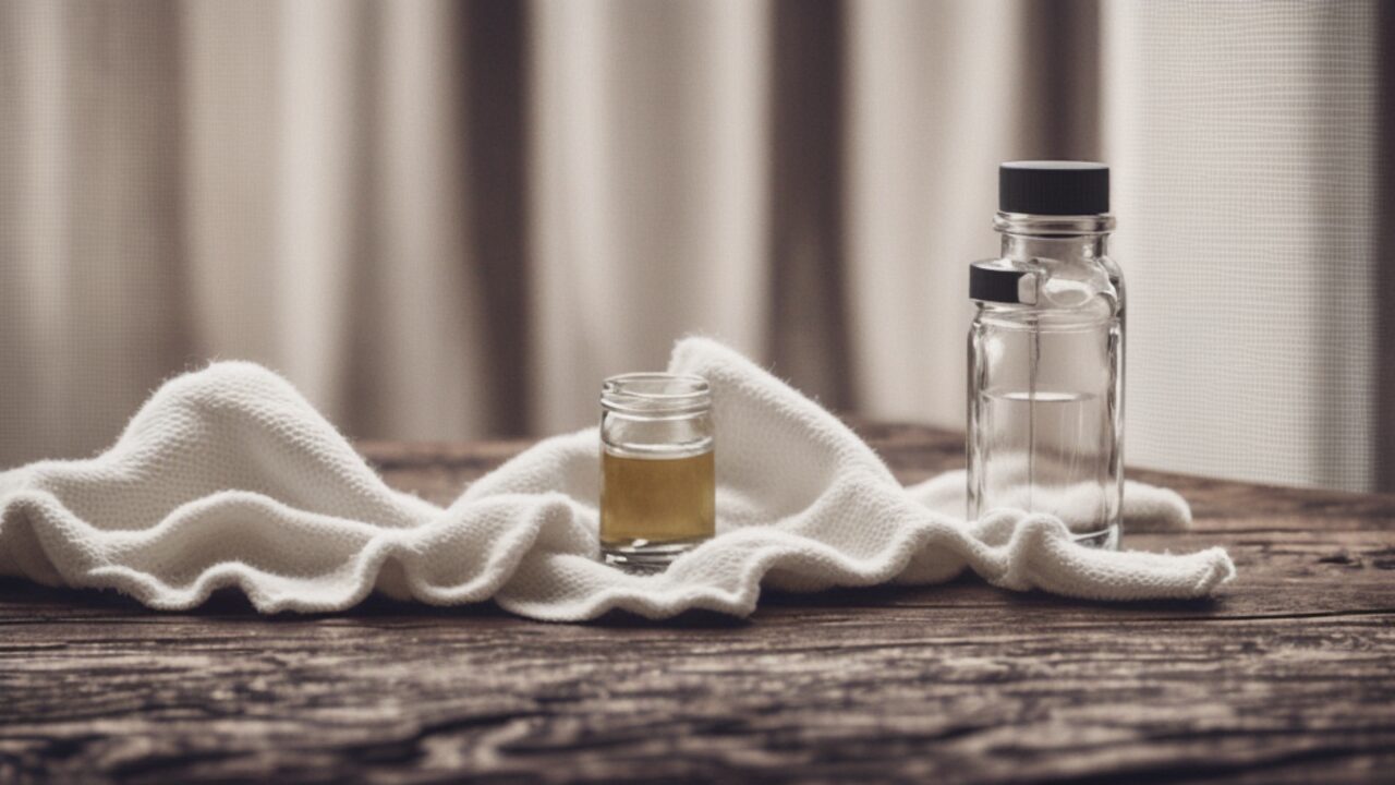 O sticlă transparentă din sticlă cu apă, un recipient mic din sticlă cu lichid și o compresă textilă albă, așezate pe o masă din lemn în fața unei draperii luminate natural.