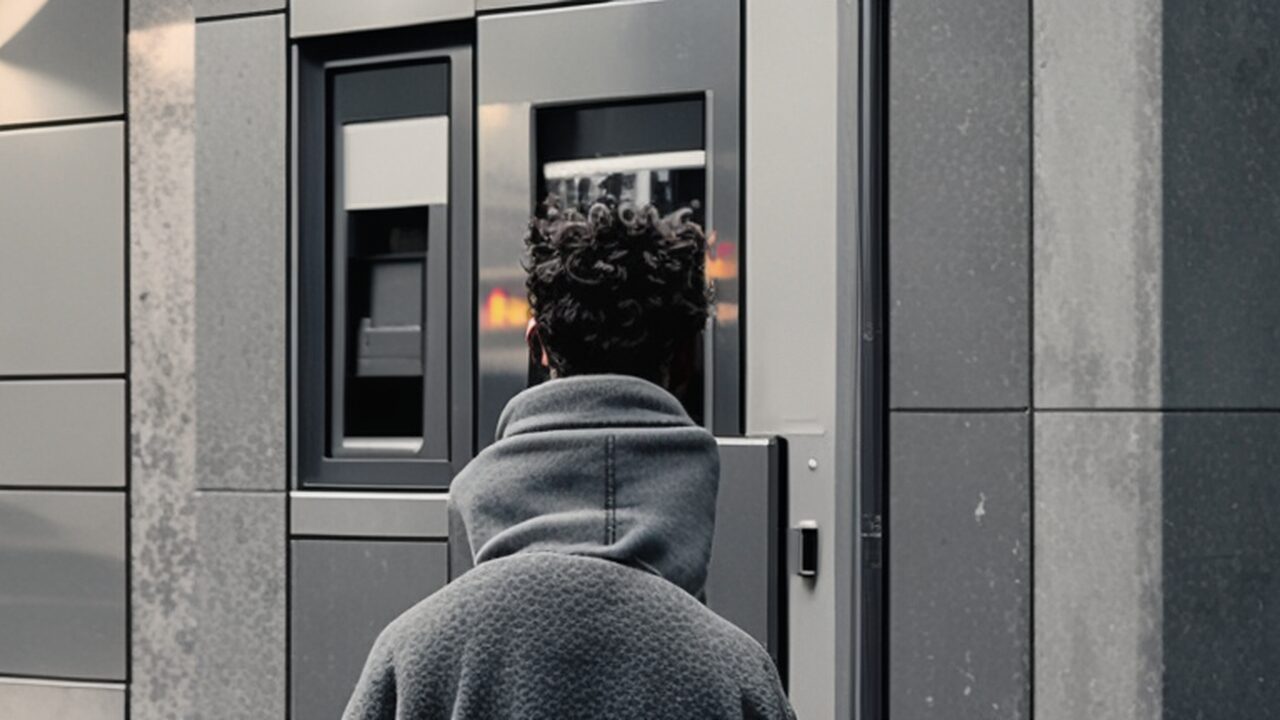 O persoană văzută din spate, îmbrăcată într-o haină gri cu glugă, stând în fața unui terminal bancar exterior integrat într-o fațadă modernă.