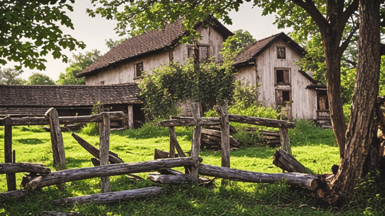 Curte a unei case rurale tradiționale, cu gard rustic din bârne de lemn și trunchiuri tăiate în iarbă, sub lumina naturală a soarelui.