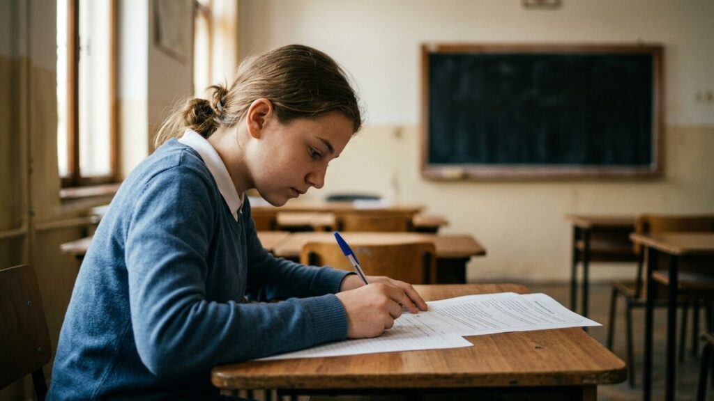 O elevă așezată din profil la o bancă de lemn scrie cu un pix albastru pe o foaie liniată, ținând brațul pe masă lângă o altă foaie cu text, într-o sală de clasă luminoasă cu o tablă în fundal.