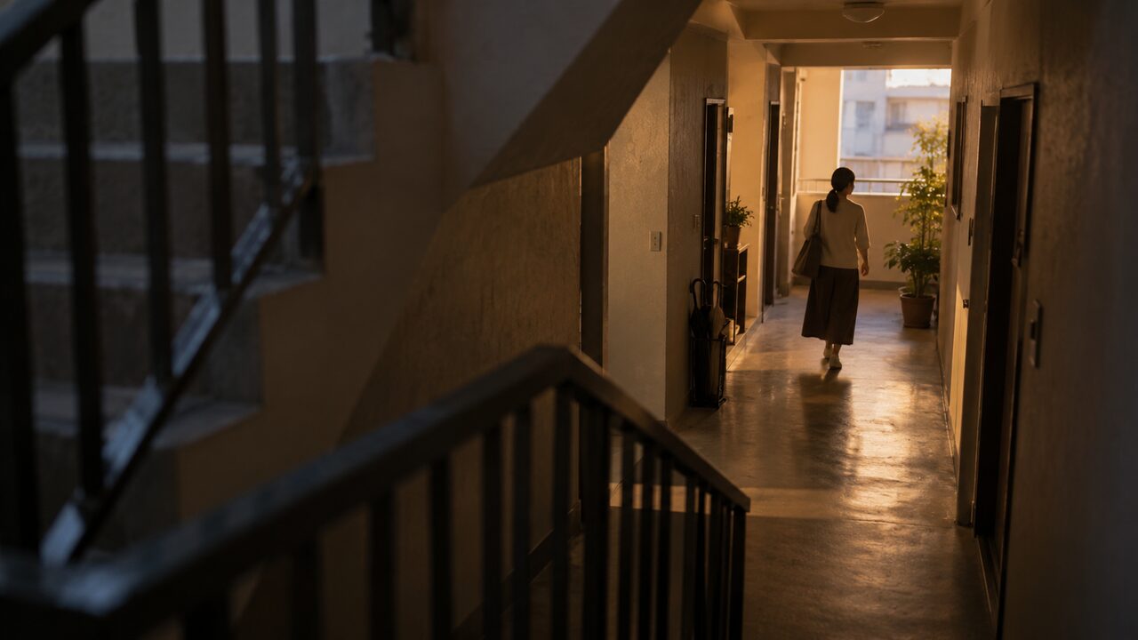 Perspectivă de pe casa scării a unui bloc, privind printre barele unei balustrade metalice spre un hol luminat în care o persoană înaintează văzută din spate.