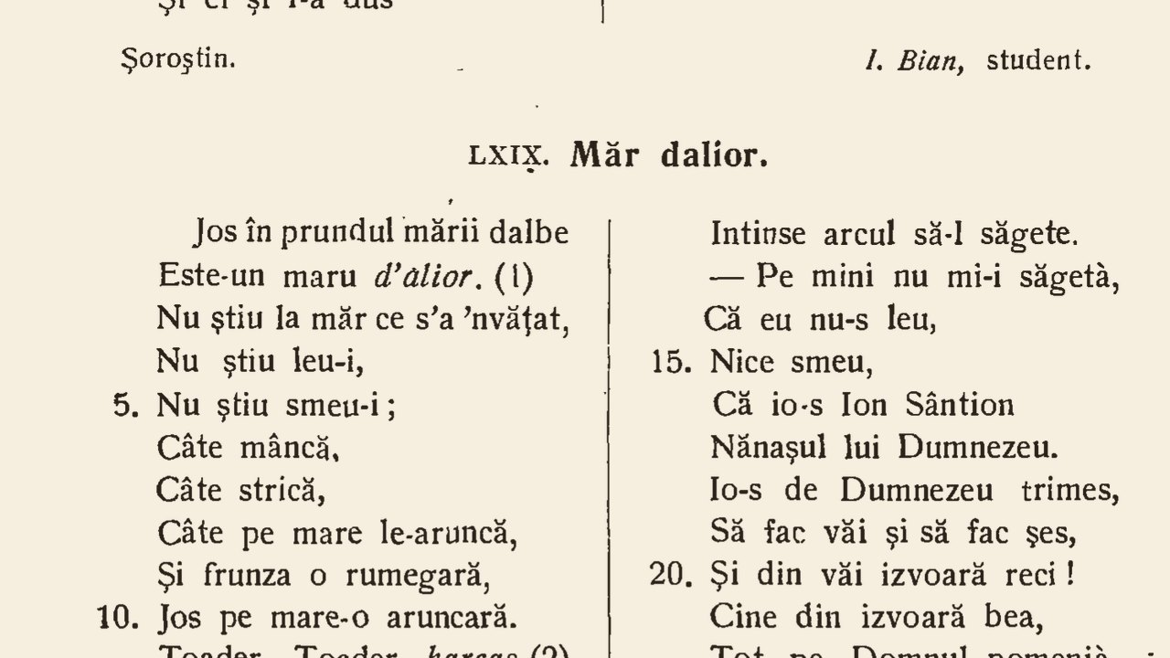 Pagina din cartea lui Alexiu Viciu, Colinde din Ardeal (1914), cu colinda „Măr dalior” și versul „Este-un maru d’alior”