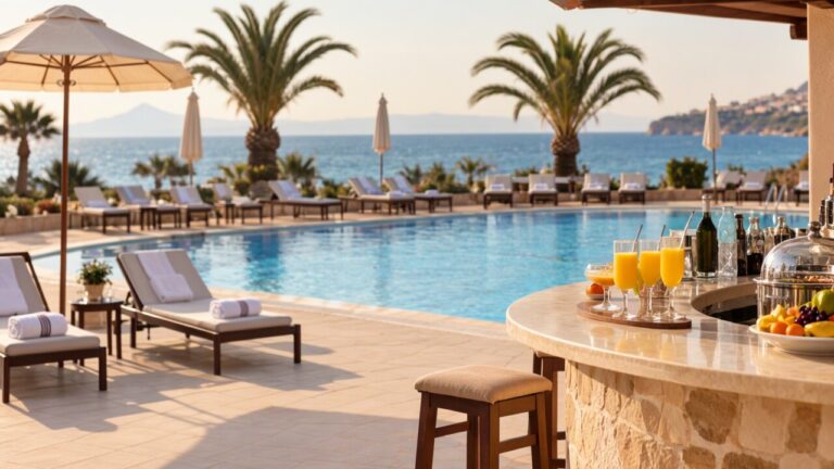 Terasă cu piscină la un hotel de pe malul mării, cu șezlonguri, palmieri și un bar cu sucuri și fructe