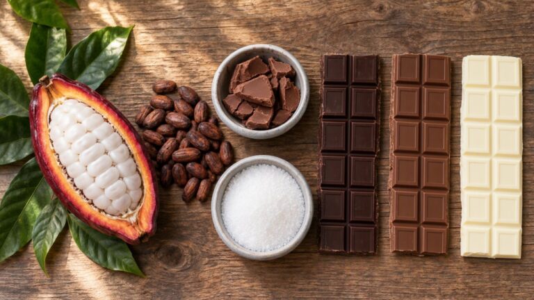 Păstaie de cacao deschisă, boabe de cacao prăjite, bucăți de unt de cacao, zahăr și tablete de ciocolată neagră, cu lapte și albă pe o masă de lemn