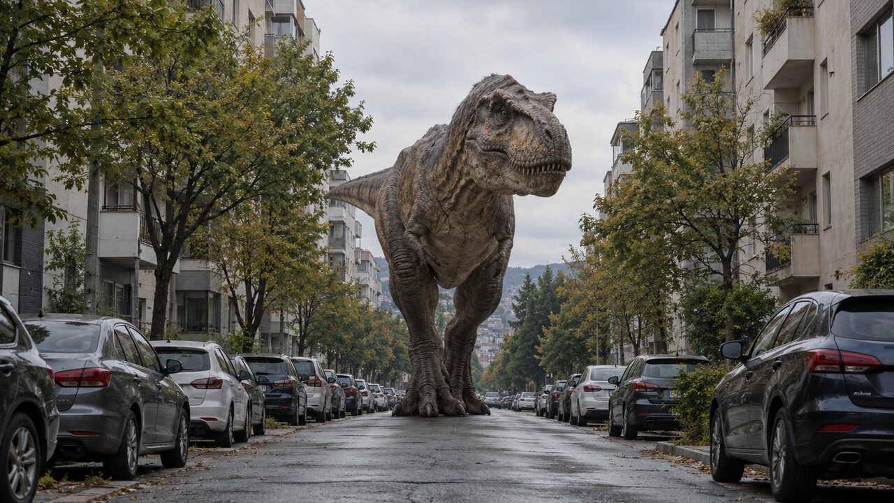 Un Tyrannosaurus Rex masiv pășește pe mijlocul unei străzi asfaltate dintr-un cartier rezidențial, flancat de blocuri de locuințe, copaci și mașini parcate pe ambele părți.