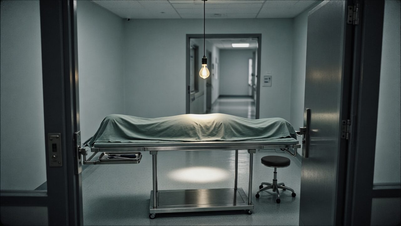Sală de operație văzută din ușă, cu o persoană acoperită pe masă sub o lampă.