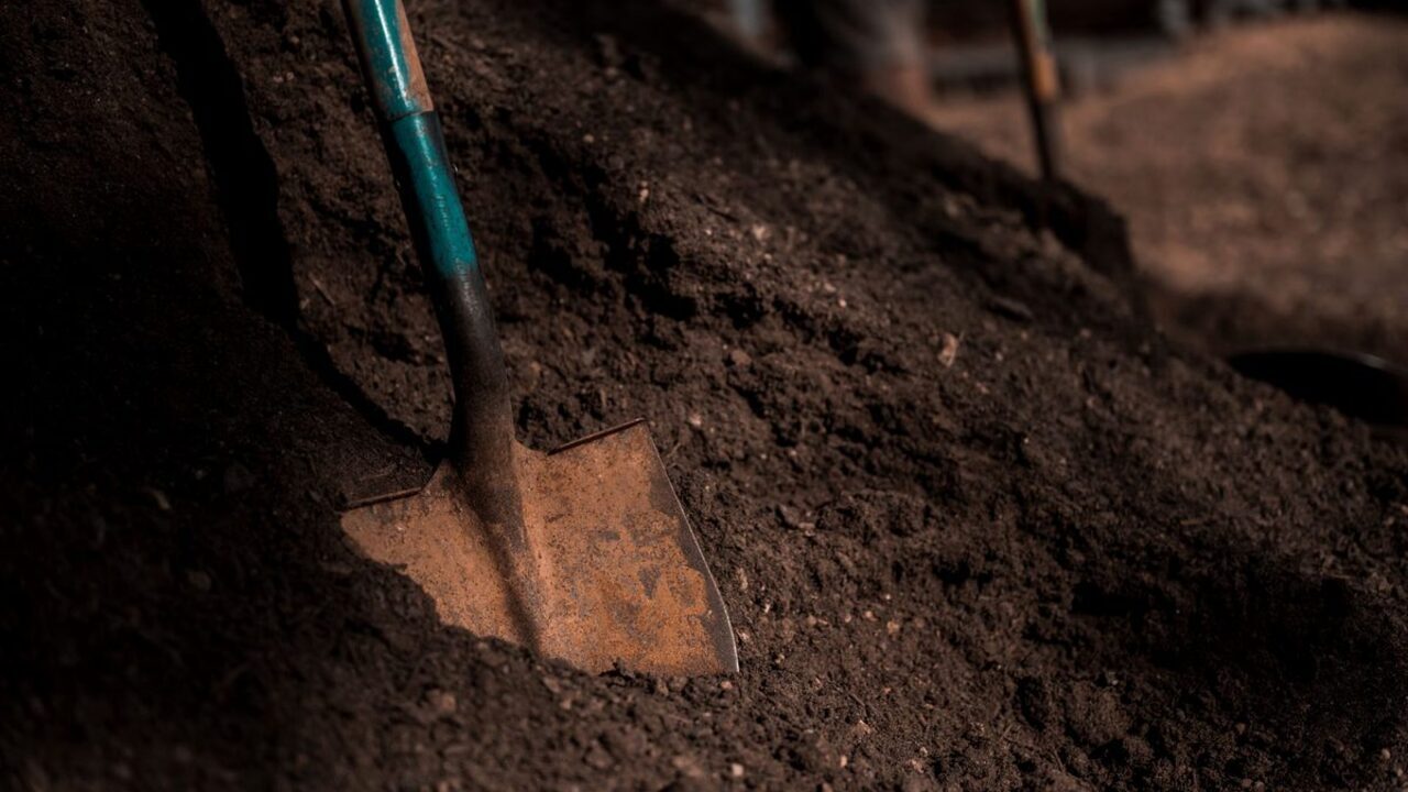 O lopată metalică este înfiptă într-o grămadă mare de pământ negru reavăn.